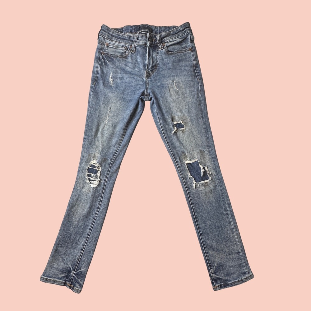 Aeropostale Jeans Womens 27/28 Blue Super Skinny Distressed Patched Denim